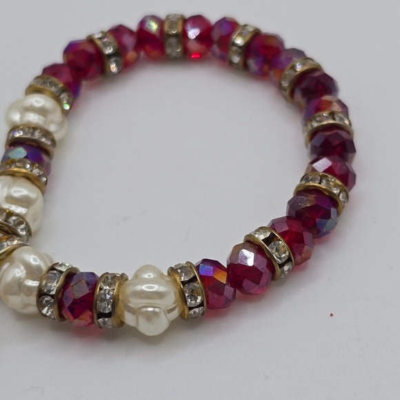 Red White Gold Tone Bead Bracelet Heart Charm Stretchy Elastic Fashion Jewelry - Picture 5 of 9